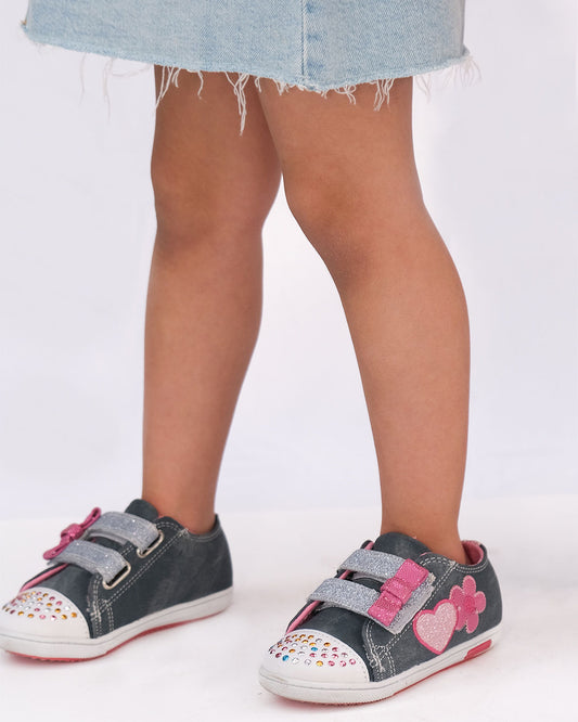 Tenis Niña 305 Azul Velcro con Corazón y Flor