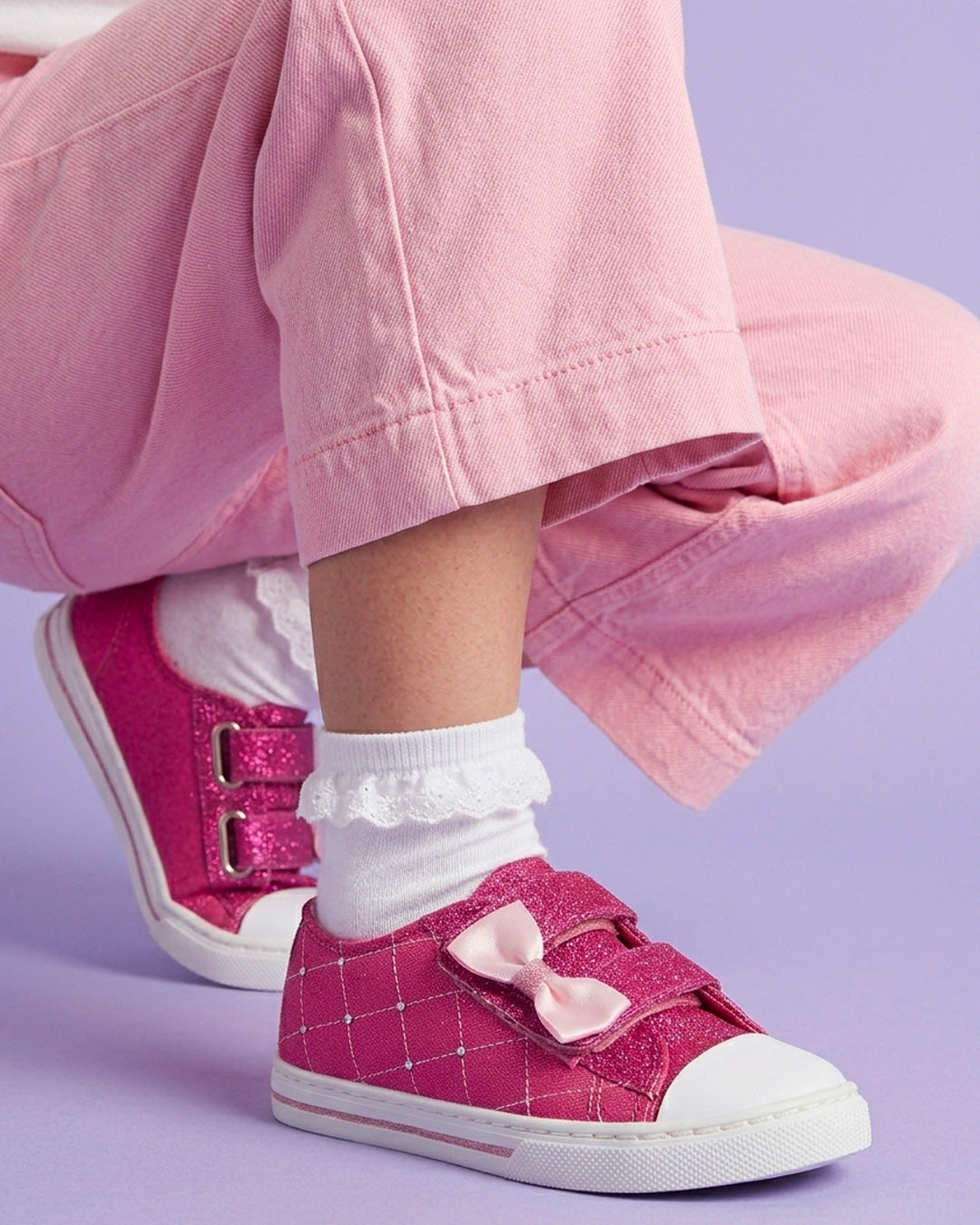 Tenis Niña 306 Rosa Mexicano con Moño y Brillos