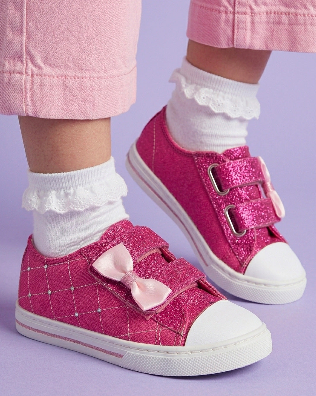 Tenis Niña 306 Rosa Mexicano con Moño y Brillos