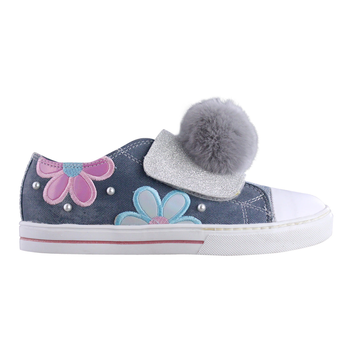 Tenis Niña 341 Azul Mezclilla con Bordados y Flores de Colores