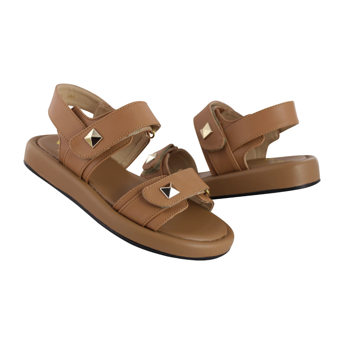 Sandalia de Mujer 4825 Davina Camel Doble Velcro con Estoperoles