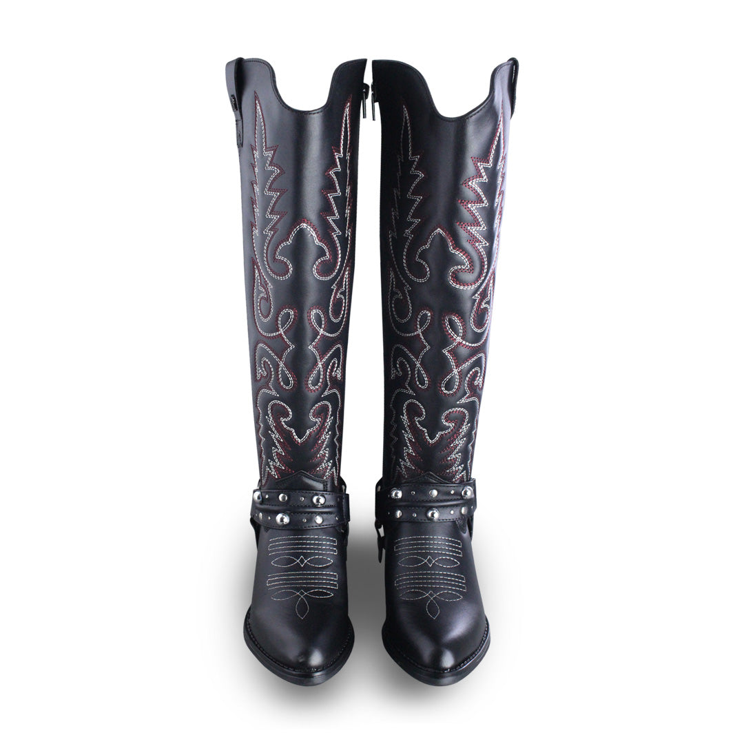 Adrienne 96532-RO bota vaquera alta piel negra bordado rojo y gris — vista 5