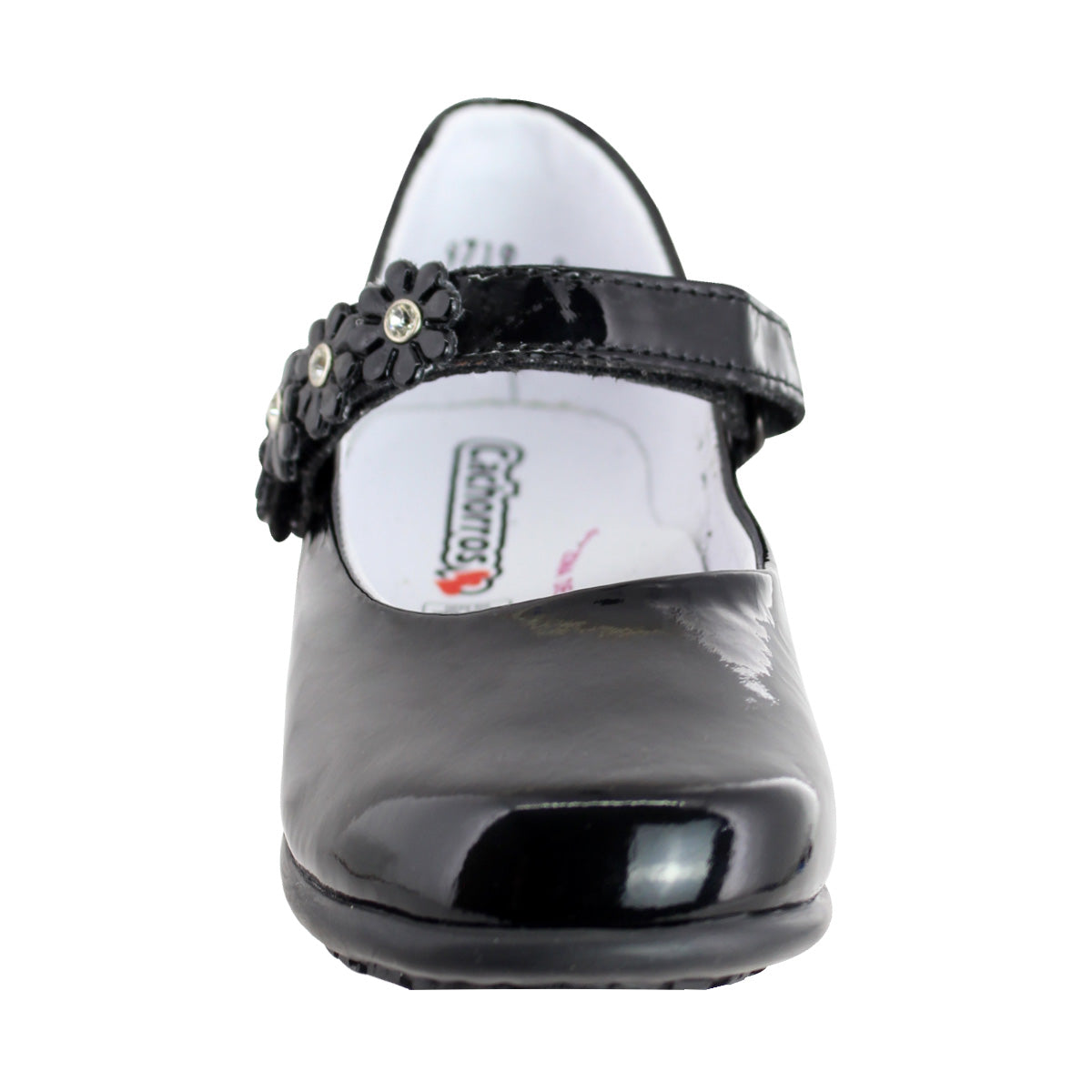 Zapato Escolar Niña 9719 Piel Charol Negro con Flores y Piedras con Brillo