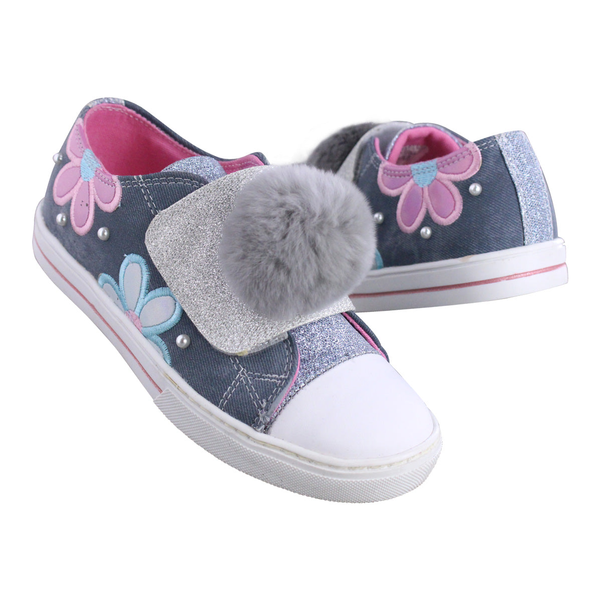 Tenis Niña 341 Azul Mezclilla con Bordados y Flores de Colores
