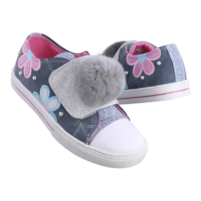 Tenis Niña 341 Azul Mezclilla con Bordados y Flores de Colores