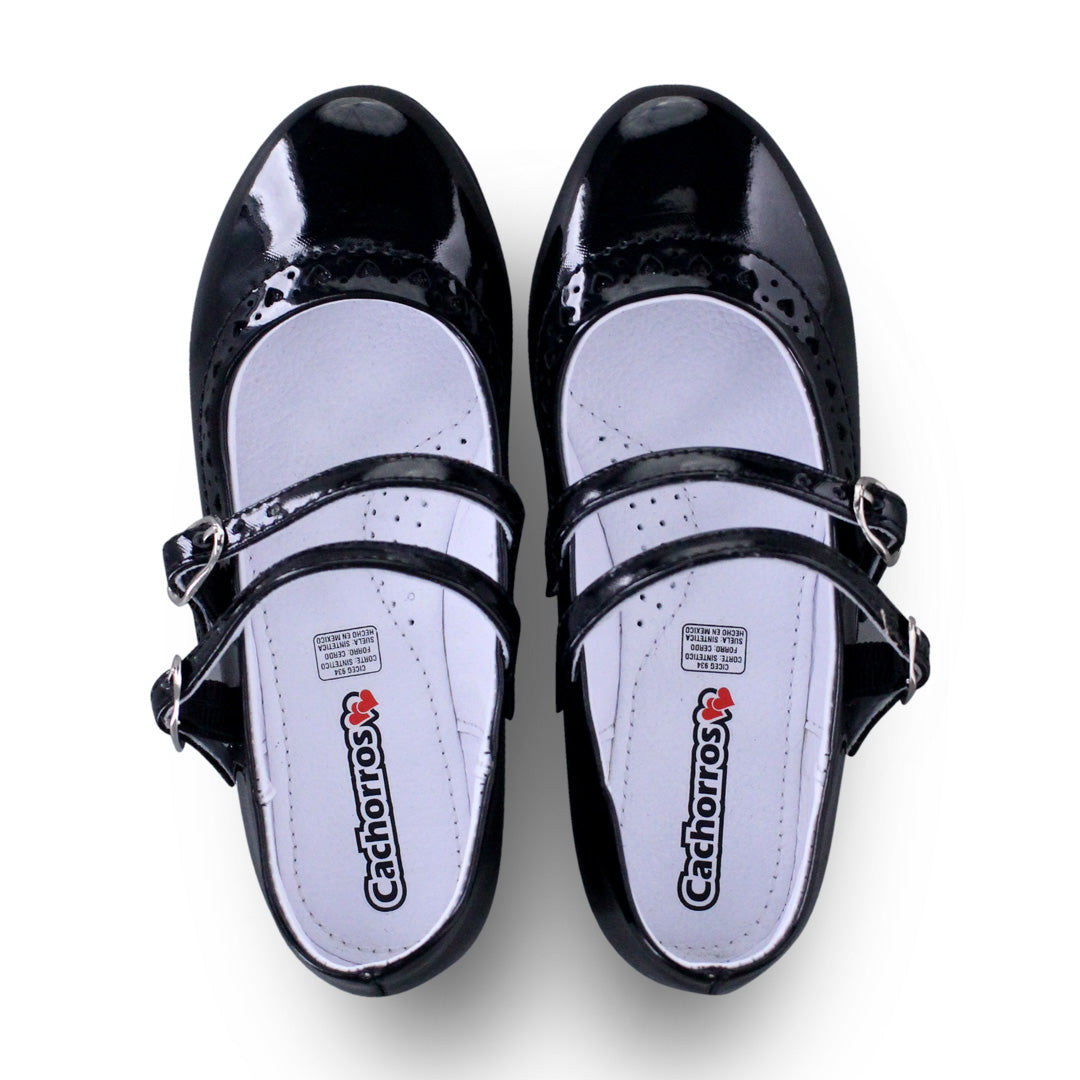 Zapato Escolar Niña 3826 Charol Negro Doble Látigo con Hebilla