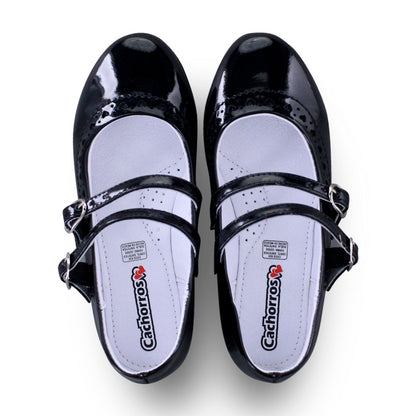 Zapato Escolar Niña 3826 Charol Negro Doble Látigo con Hebilla