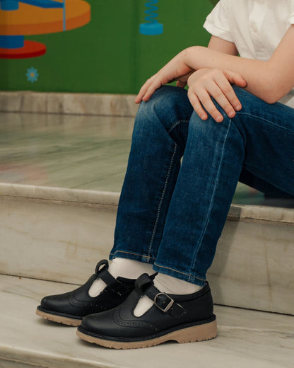 Zapato Escolar Niña 9533 Piel Negro Hebilla suela Goma