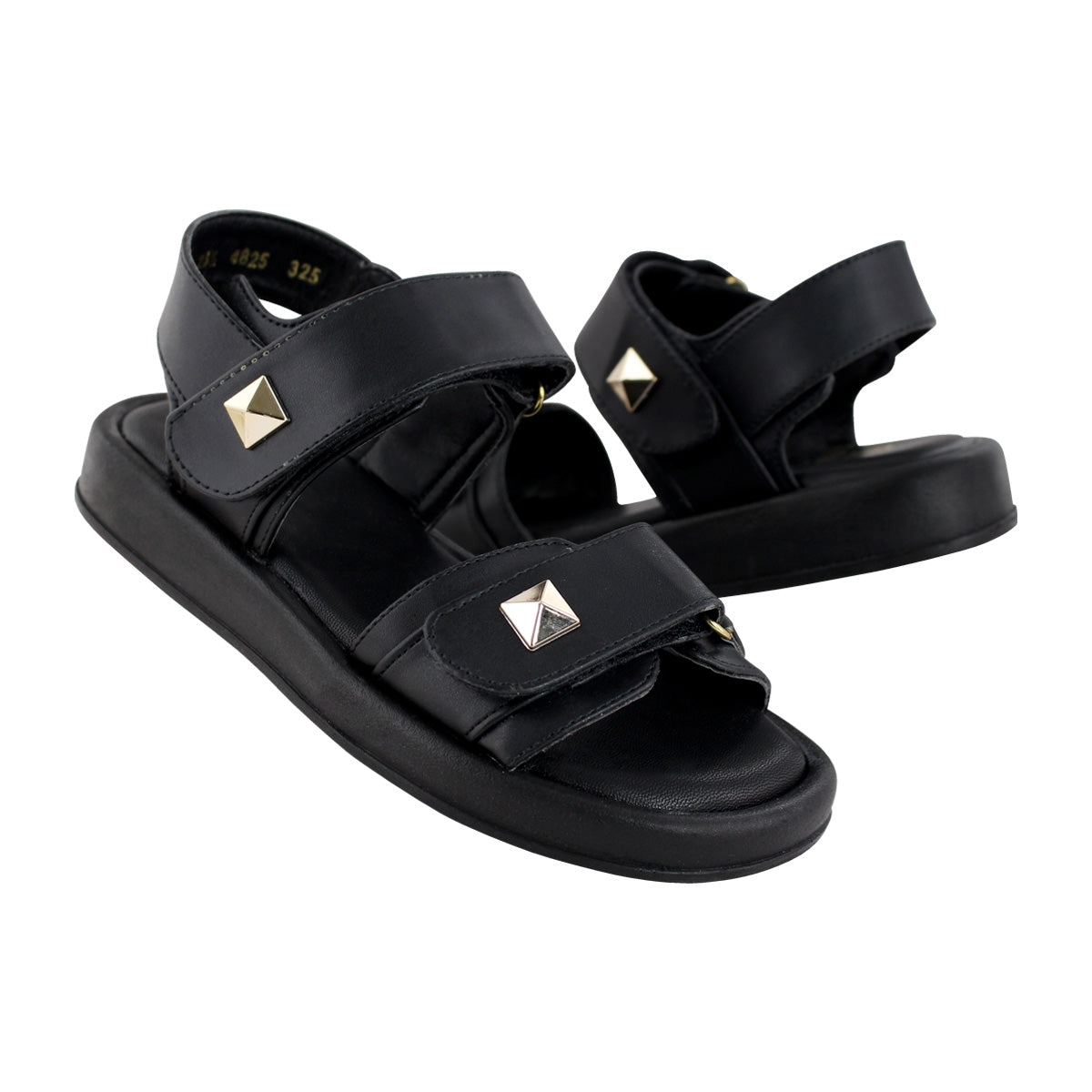 Sandalia de Mujer 4825 Davina Color Negro Doble Velcro con Estoperoles
