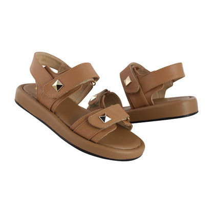 Sandalia de Mujer 4825 Davina Camel Doble Velcro con Estoperoles
