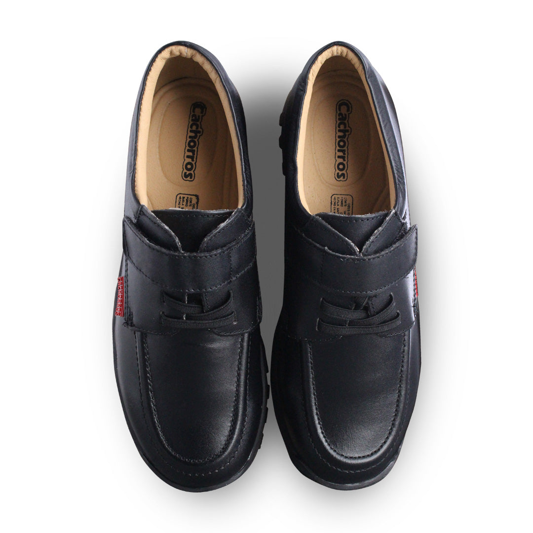 Zapato Escolar Niño 5260 Piel Negro con Velcro y Elásticos