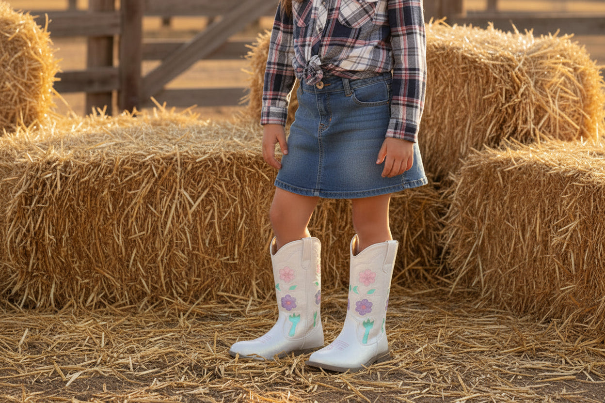 Bota Vaquera Niña 73813 Blanco Tubo Bordado