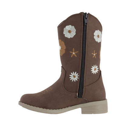 Bota Vaquera Niña Magy 74022 Café Bordada Con flores y Flecos