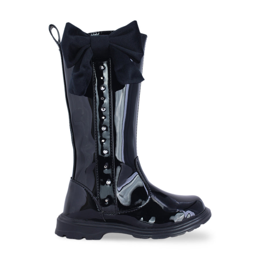 Bota Alta Niña 7512 Charol Negro con Moño y Estoperoles, vista 1