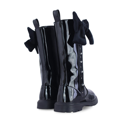 Bota Alta Niña 7512 Charol Negro con Moño y Estoperoles, vista 3