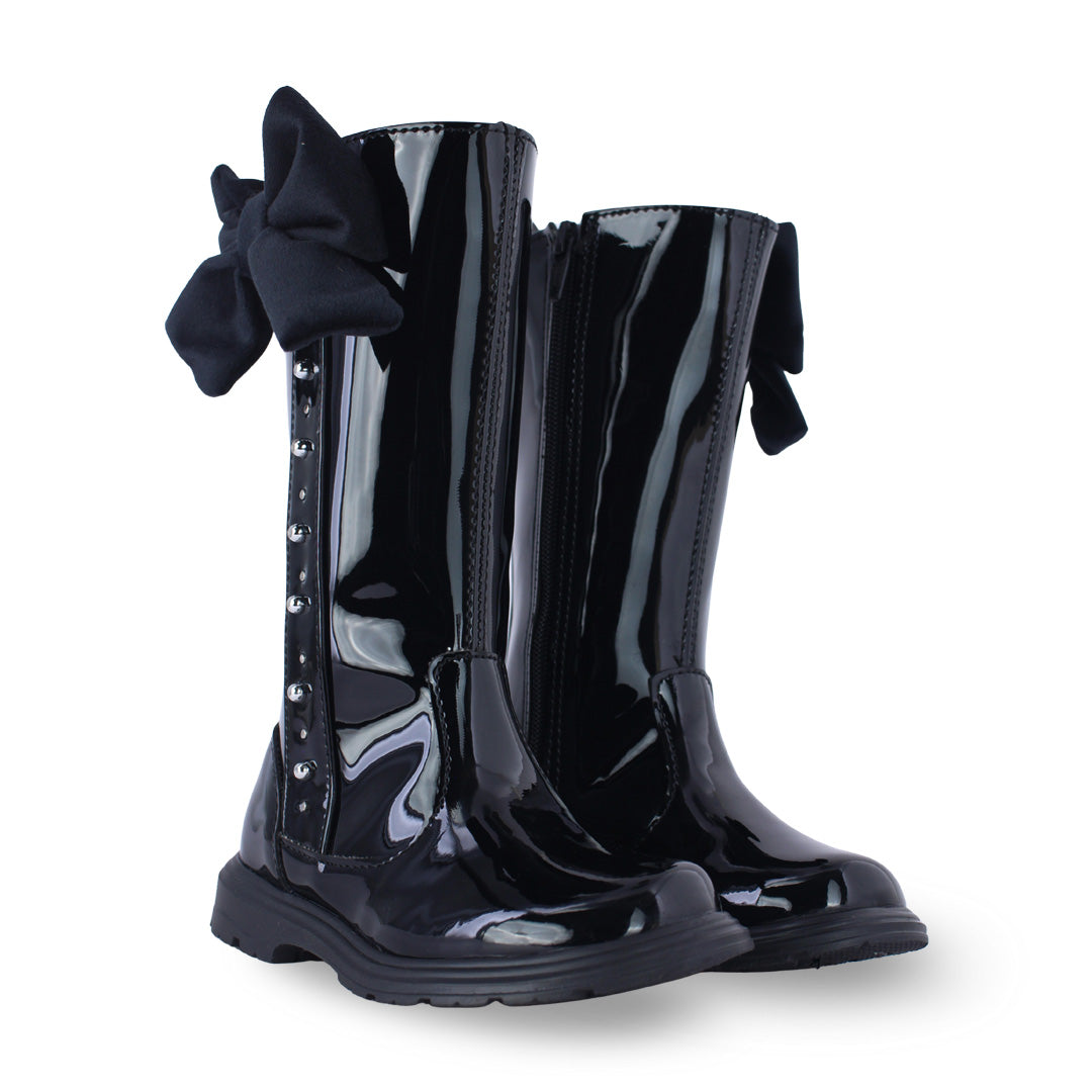 Bota Alta Niña 7512 Charol Negro con Moño y Estoperoles, vista 4