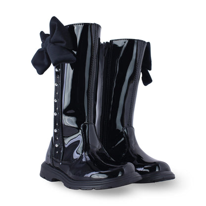 Bota Alta Niña 7512 Charol Negro con Moño y Estoperoles, vista 4