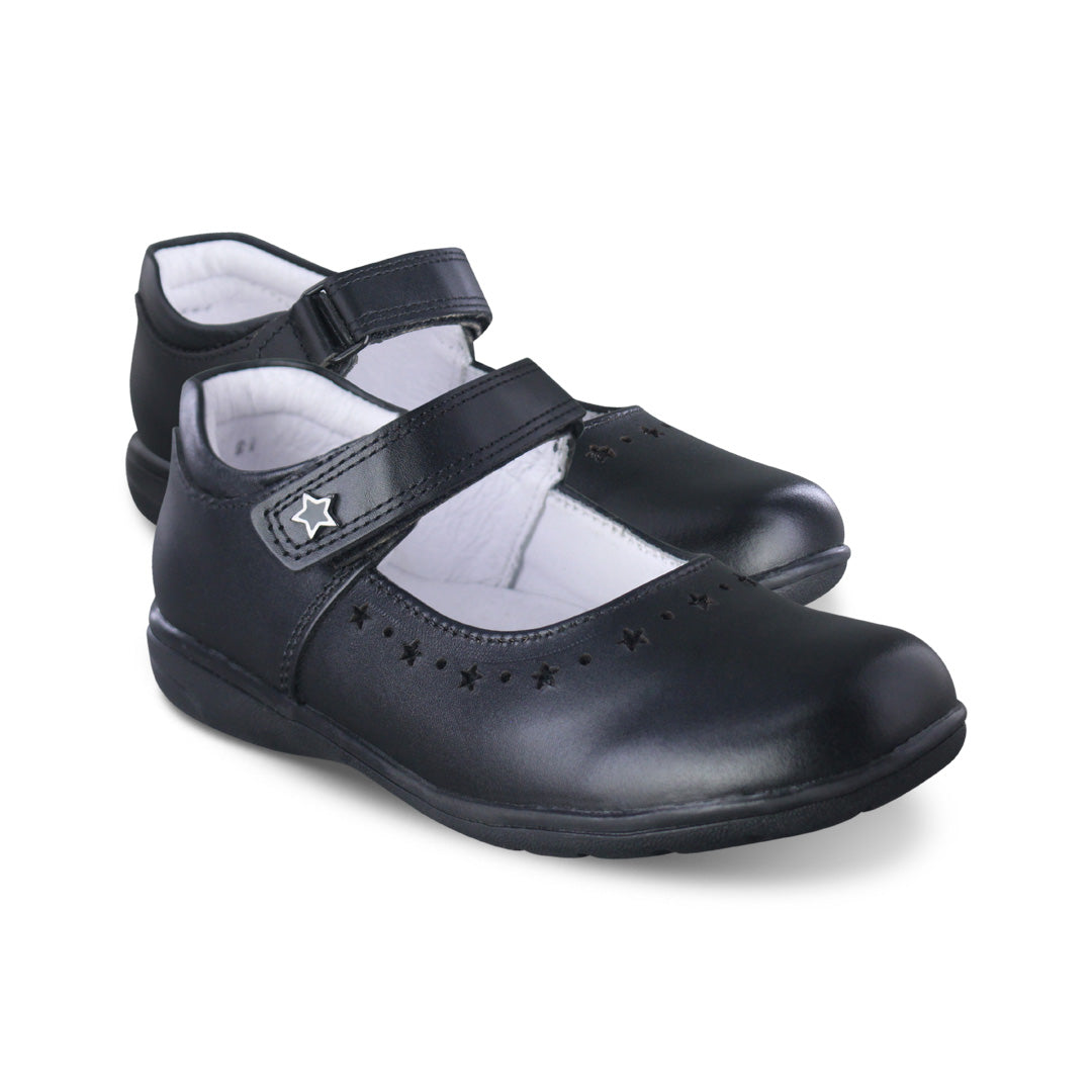 Zapato Escolar Niña 9131 Piel Negra Velcro con Estrellas