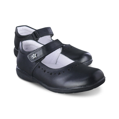Zapato Escolar Niña 9131 Piel Negra Velcro con Estrellas
