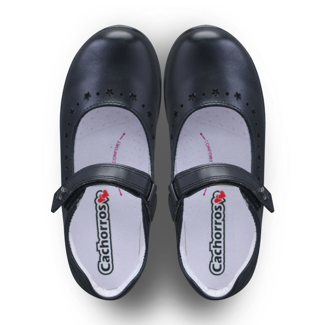 Zapato Escolar Niña 9131 Piel Negra Velcro con Estrellas