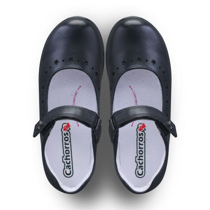 Zapato Escolar Niña 9131 Piel Negra Velcro con Estrellas