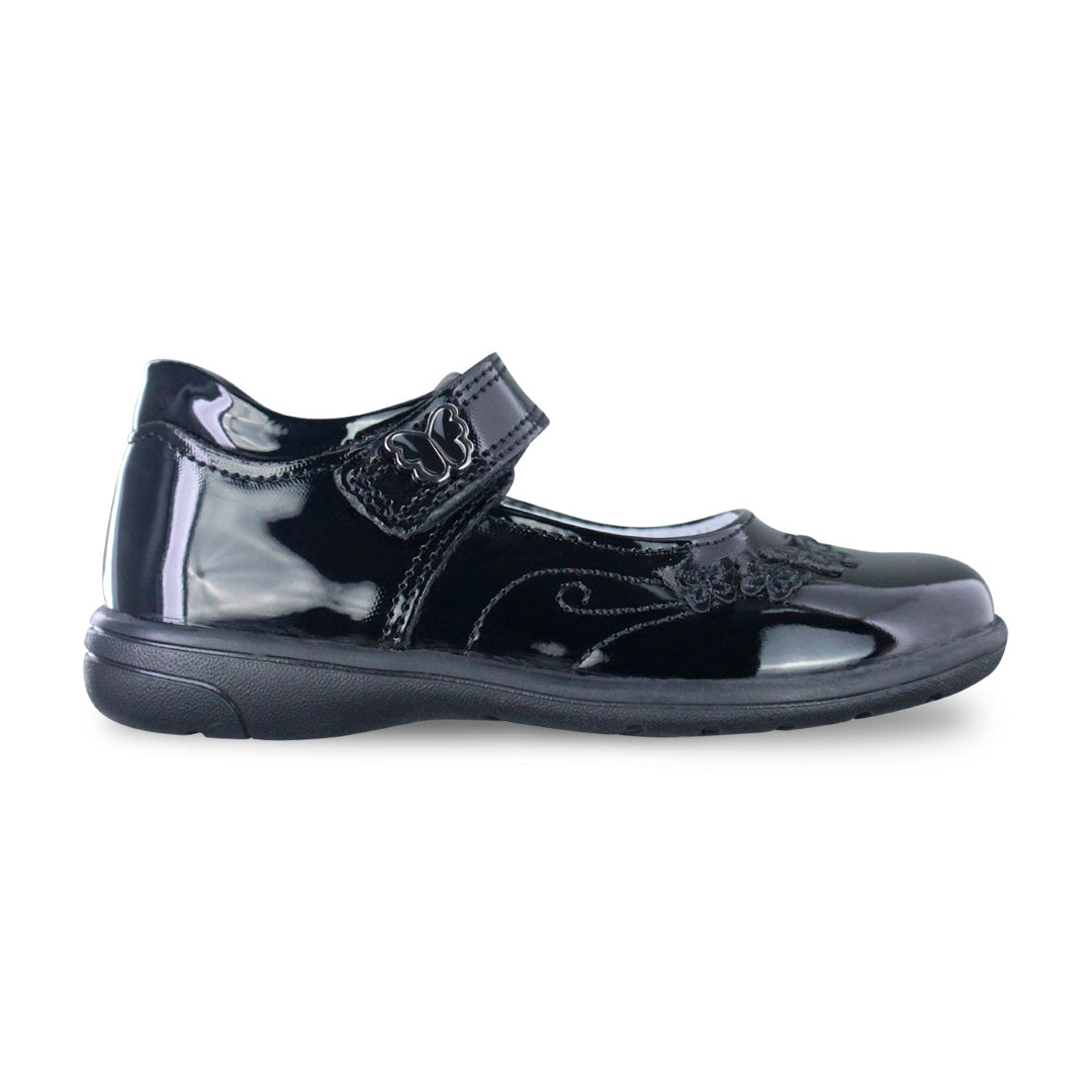 Zapato escolar Niña 9134 Piel Charol Negro con bordado de mariposas
