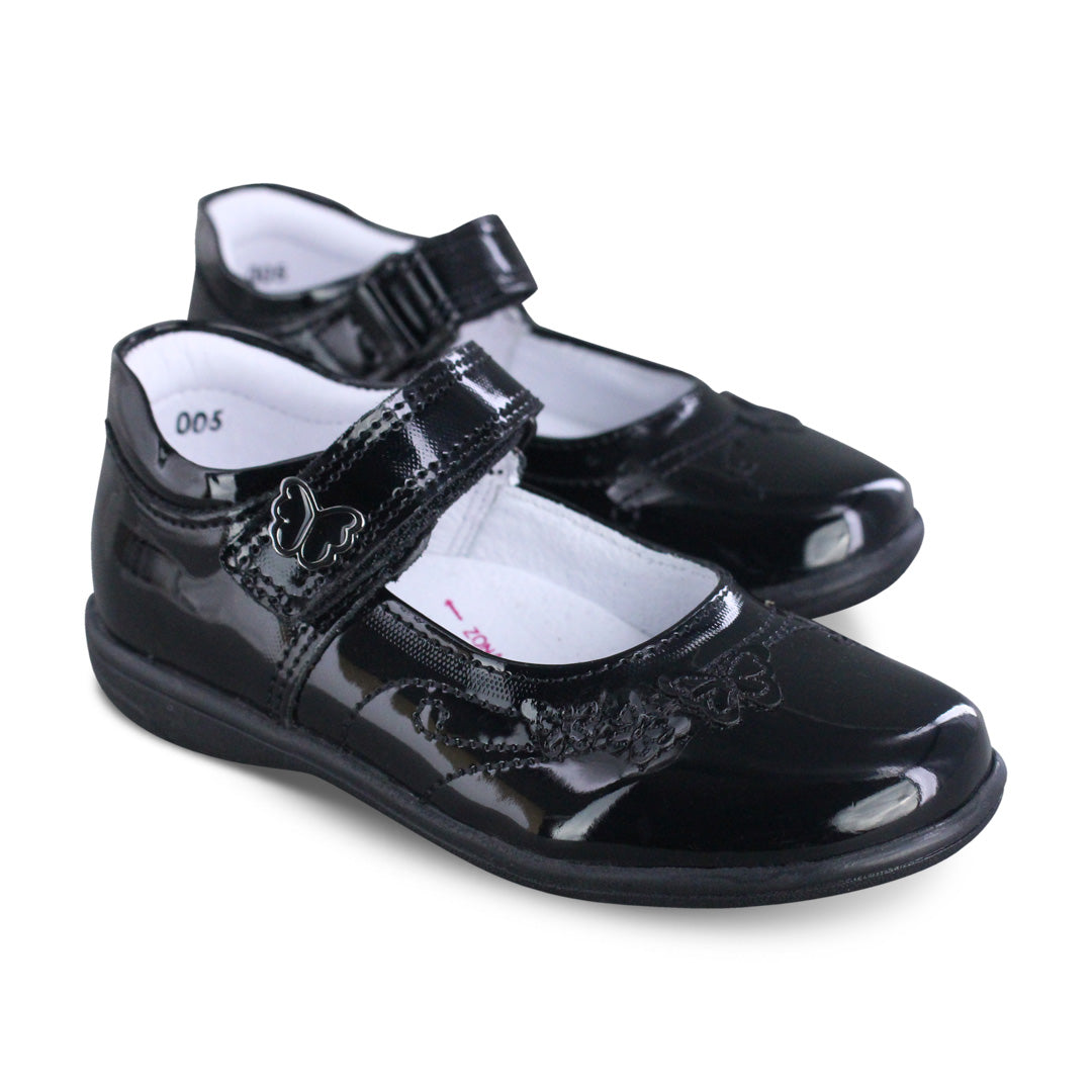 Zapato escolar Niña 9134 Piel Charol Negro con bordado de mariposas