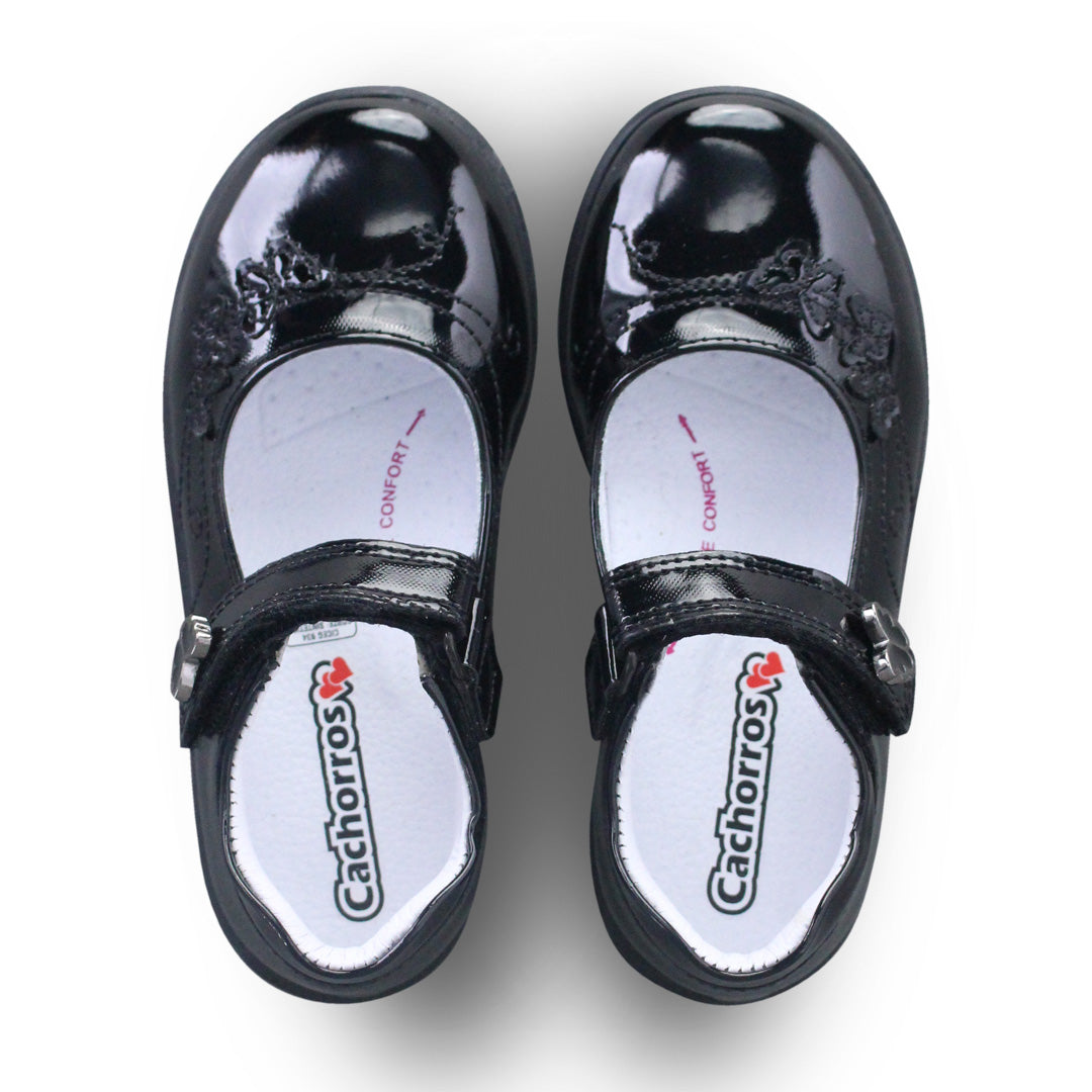 Zapato escolar Niña 9134 Piel Charol Negro con bordado de mariposas