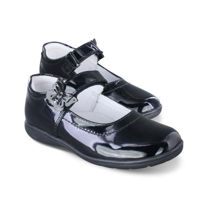 Zapato Escolar Niña 9142 Charol Negro Velcro con Mariposa