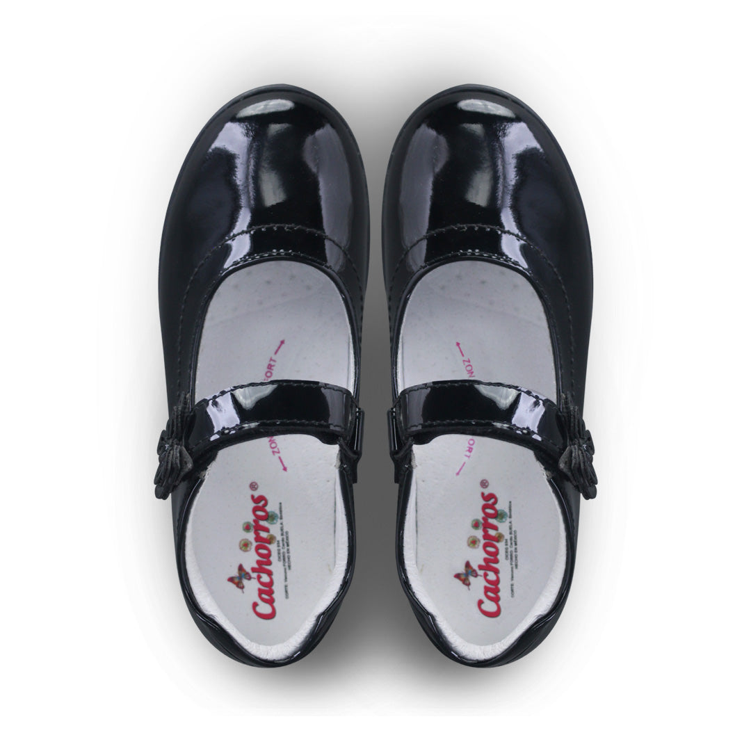 Zapato Escolar Niña 9142 Charol Negro Velcro con Mariposa