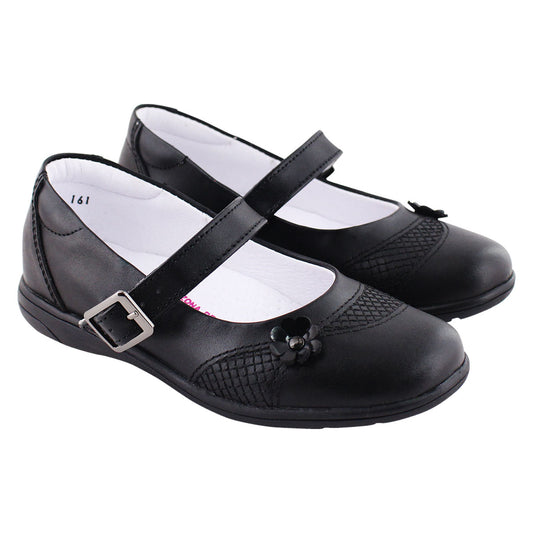 Zapato Escolar Niña 9241 Piel Negra con Flor