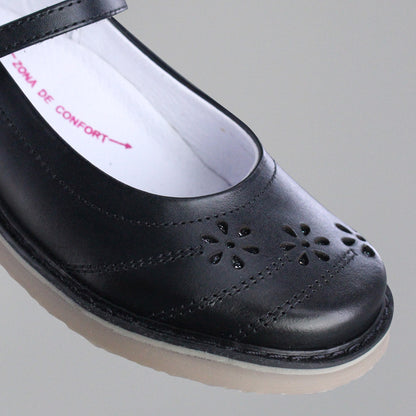 Zapato Escolar Niña 9346 Piel Negro con Suela Goma y Hebilla