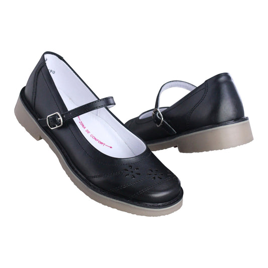 Zapato Escolar Niña 9346 Piel Negro con Suela Goma y Hebilla