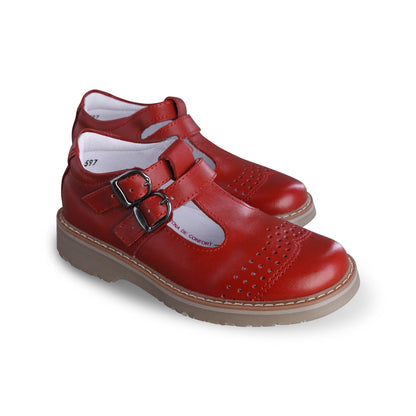 Zapato Escolar Niña 9553 Piel Rojo Doble Hebilla