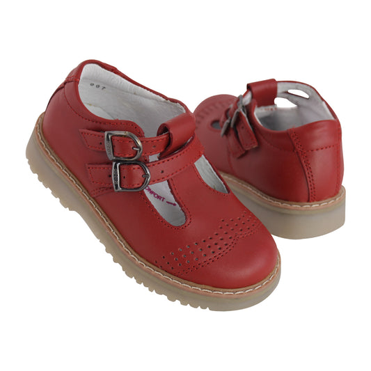 Zapato Escolar Niña 9553 Piel Rojo Doble Hebilla