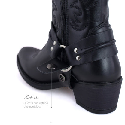 Bota Vaquera Mediana Mujer 96394 Davina Piel Negro con Estribo
