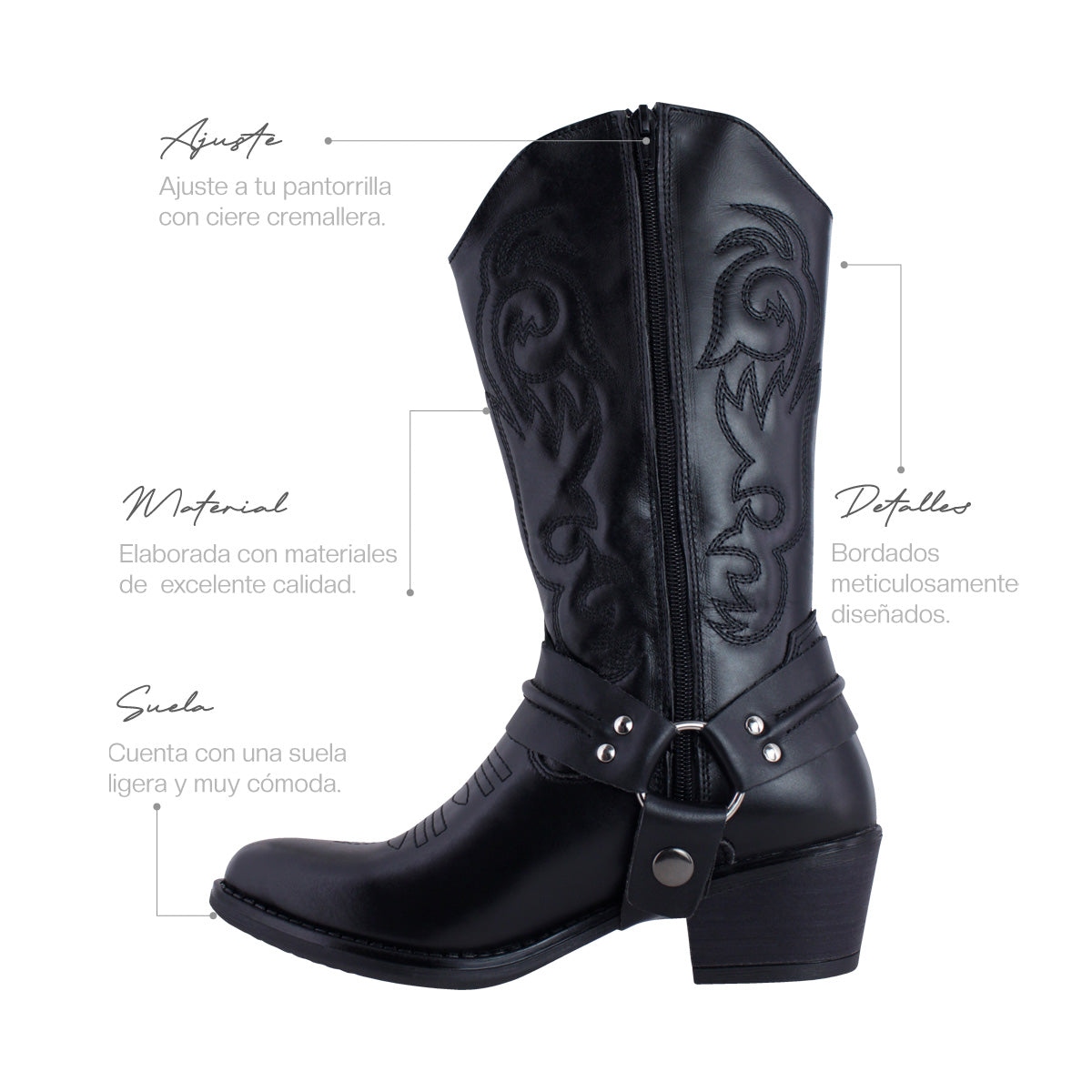 Bota Vaquera Mediana Mujer 96394 Davina Piel Negro con Estribo