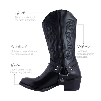 Bota Vaquera Mediana Mujer 96394 Davina Piel Negro con Estribo