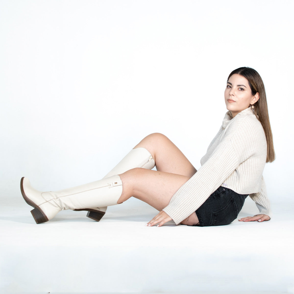 Bota Vaquera Alta Mujer 96505 Davina Piel Marfil con Cierre
