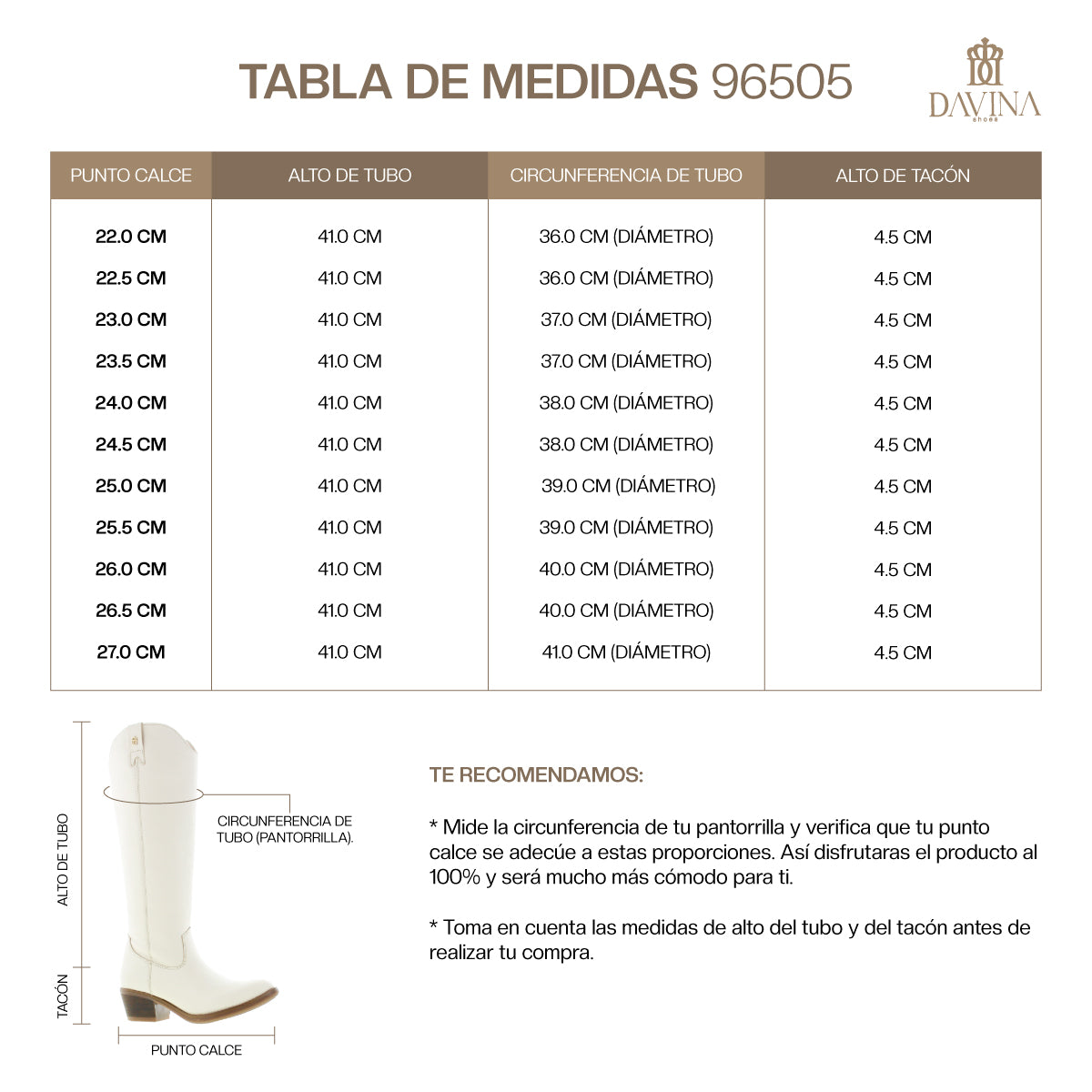 Bota Vaquera Alta Mujer 96505 Davina Piel Marfil con Cierre