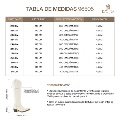 Bota Vaquera Alta Mujer 96505 Davina Piel Marfil con Cierre