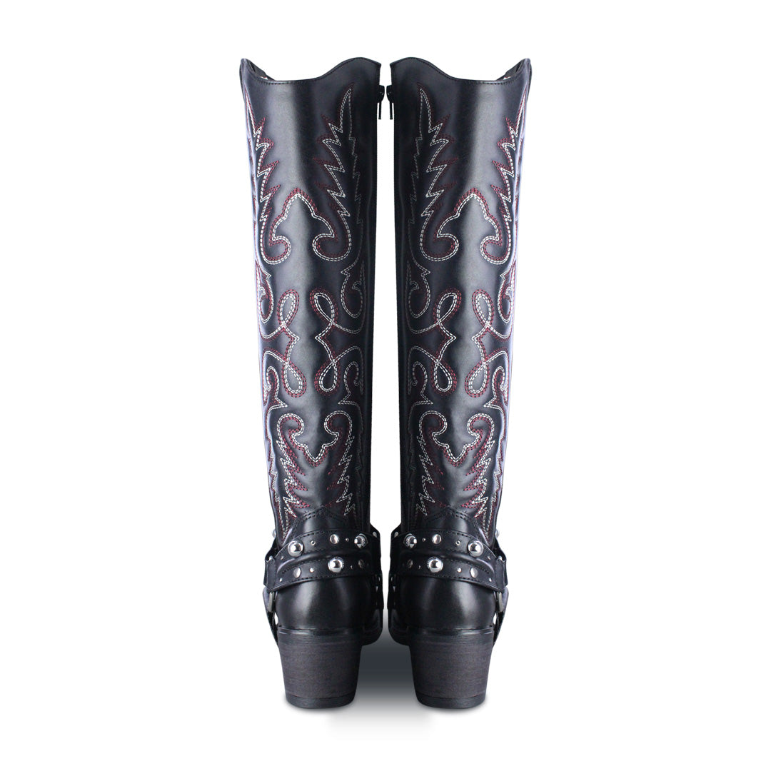Adrienne 96532-RO bota vaquera alta piel negra bordado rojo y gris — vista 2