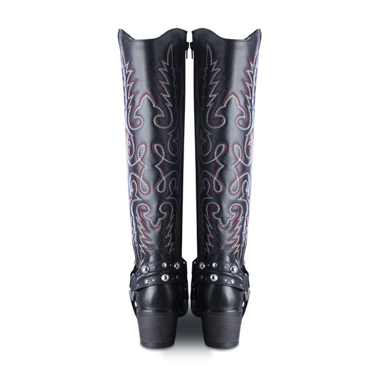 Adrienne 96532-RO bota vaquera alta piel negra bordado rojo y gris — vista 2