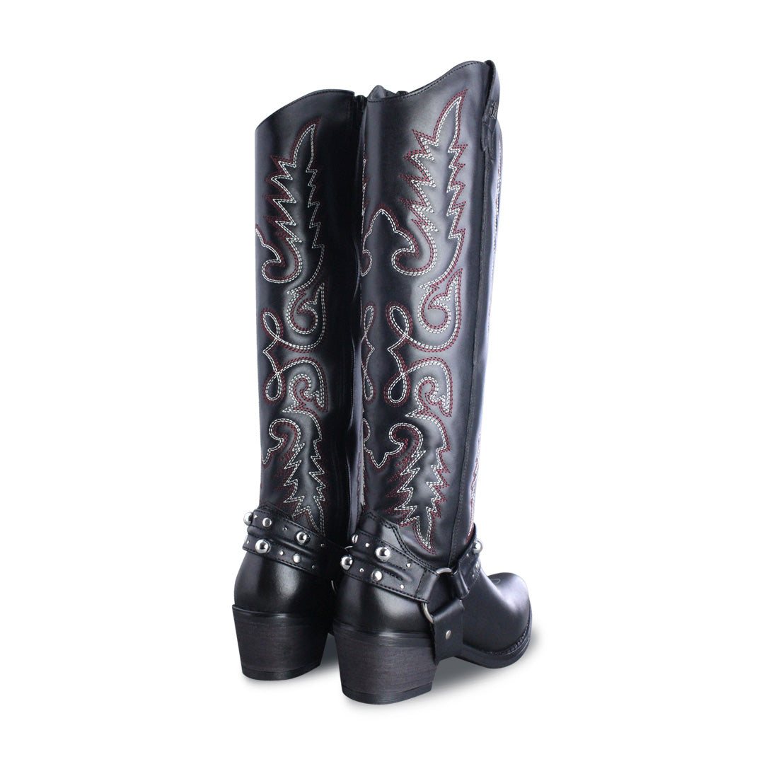 Adrienne 96532-RO bota vaquera alta piel negra bordado rojo y gris — vista 3