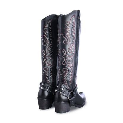 Adrienne 96532-RO bota vaquera alta piel negra bordado rojo y gris — vista 3
