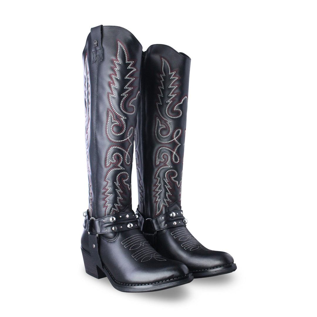 Adrienne 96532-RO bota vaquera alta piel negra bordado rojo y gris — vista 4
