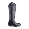 Bota Vaquera Alta Mujer 96532-RO Piel Negro con Bordado Rojo y Gris