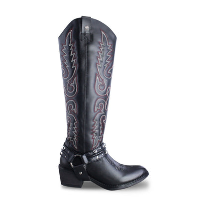 Adrienne 96532-RO bota vaquera alta piel negra bordado rojo y gris — vista 1