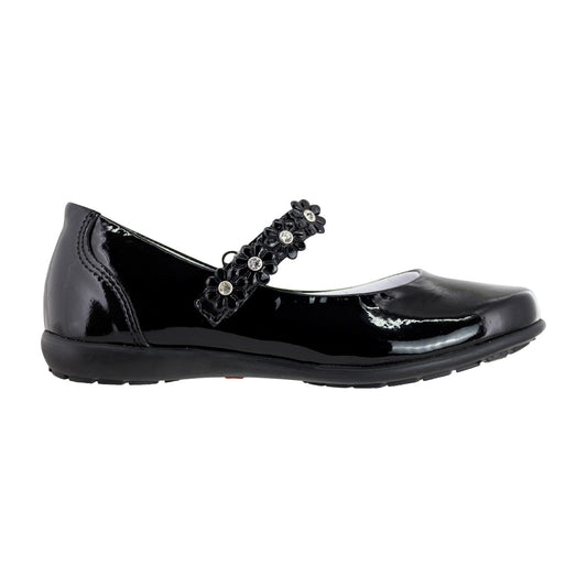 Zapato Escolar Niña 9719 Piel Charol Negro  con Flores y Piedras con Brillo