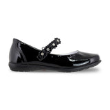 Zapato escolar niña 9719 piel charol negro con flores y piedras con brillo